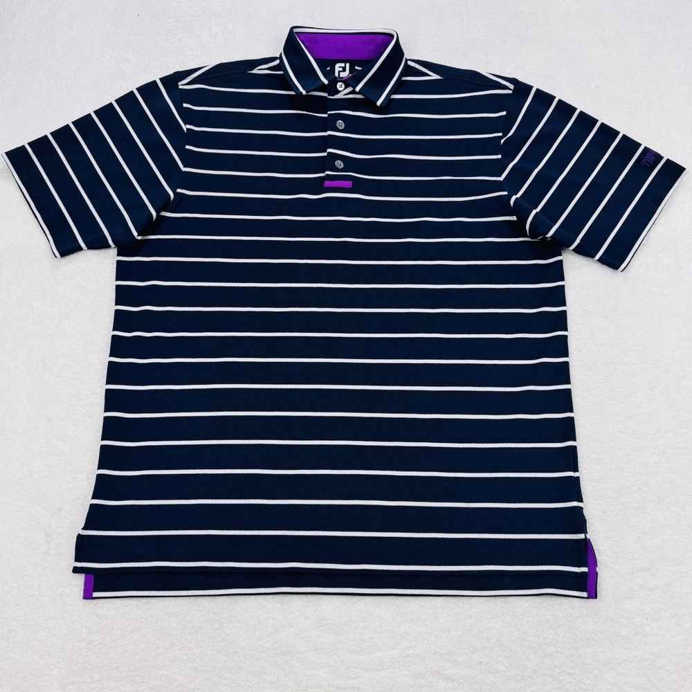 FootJoy‎ Shirt Men M Blue White Stripe Fusha Color Block Mesh Golf Polo